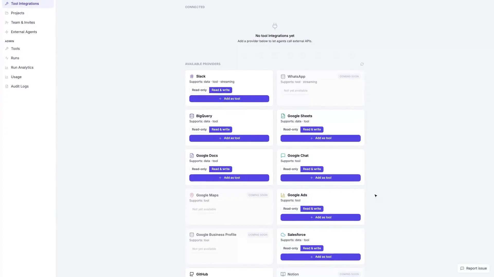 Connectors grid with per-source read-only / read-and-write permission controls